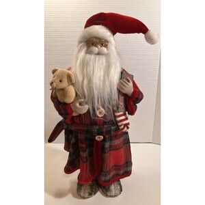 18” Bedtime Standing Santa In Plaid Robe Teddy Bear Christmas Holiday Decor Xmas